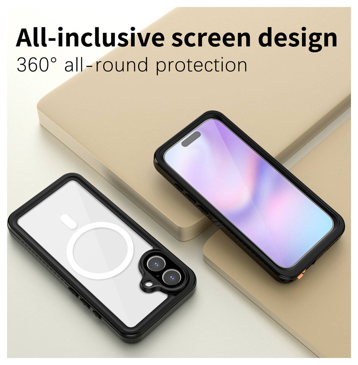Produktannonce, der viser to sorte telefonetuis på beige blokke med teksten "Alt-inkluderende skærmdesign" og "360° beskyttelse hele vejen rundt".