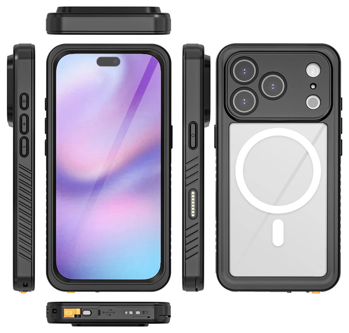 Sort robust smartphonecover vist forfra, bagfra, fra siden og nedefra med forhøjet kamerabeskyttelse og MagSafe-lignende ring på bagsiden.