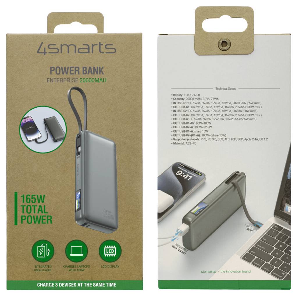 4smarts 20.000mAh powerbank-emballage, der viser en grå bærbar oplader med integreret kabel, LED-display, 165W samlet effekt og opladning af tre enheder samtidigt.