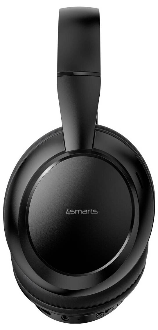 Sort over-ear høretelefoner med polstret pandebånd, vist forfra på hvid baggrund, med "4smarts"-logo på ørekoblingen.