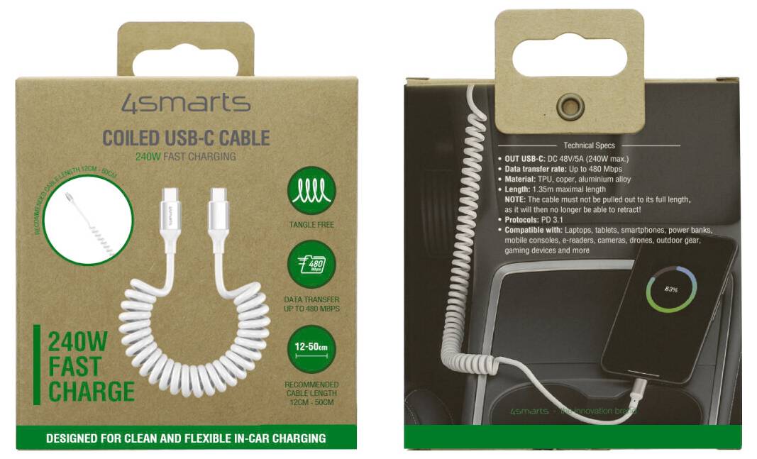 To-pakket 4smarts oprullet USB-C-kabler; forsiden viser hvidt 240W hurtigopladnings-kabel, bagsiden viser tekniske specifikationer og enhedskompatibilitet.