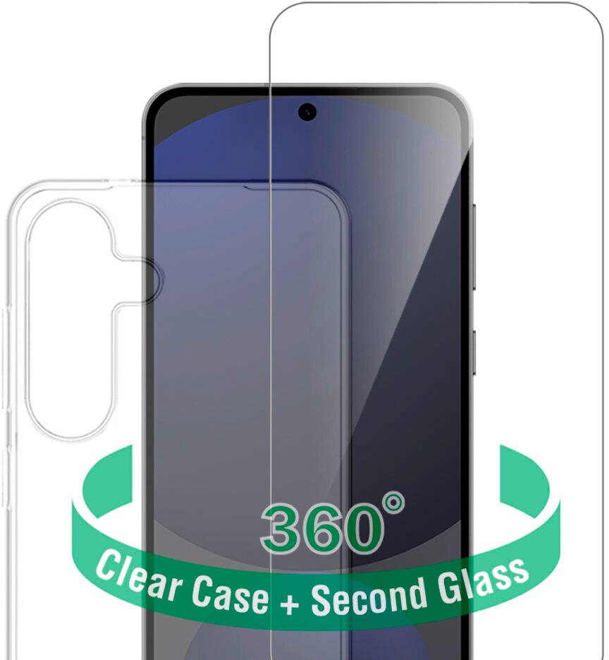 Smartphone-skærmbeskytter-sæt med gennemsigtig etui og andet glas, mærket '360°' og 'Gennemsigtig etui + andet glas'.