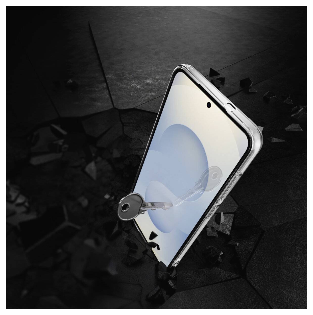 Smartphone med en nøgle indsat i skærmen, som symboliserer telefonoplåsning eller sikkerhedsadgang, mod en mørk sprukket baggrund.