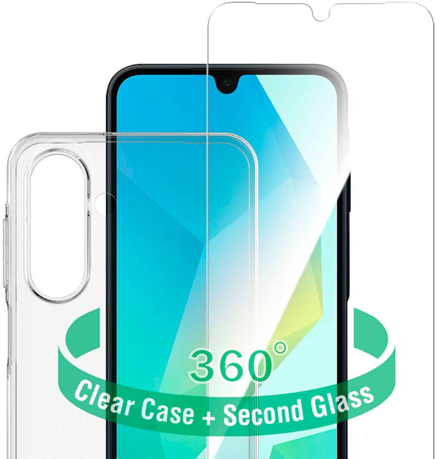 Smartphone med et klart cover og to skærmbeskyttere, mærket '360° klart cover + andet glas'.