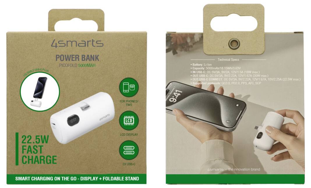 Pakke til en 4smarts powerbank, der viser en hvid foldbar-stativ-oplader med 22,5W hurtigopladning og produktet i brug, der oplader en smartphone.
