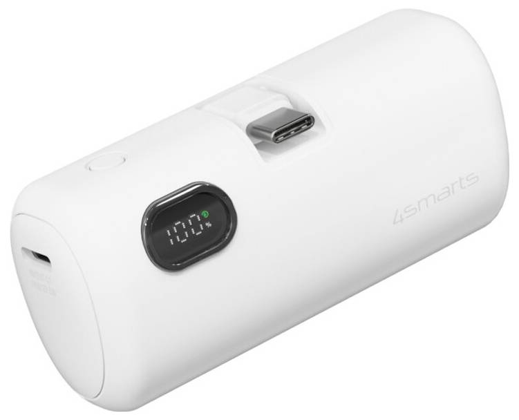 Hvid bærbar powerbank med digitalt batteriudstyr, USB-C-port og 4smarts-logo på en ren baggrund.