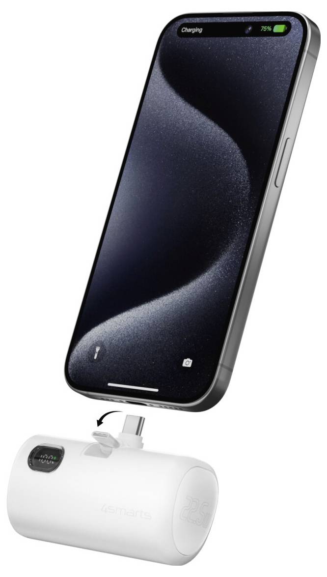 Smartphone der oplade trådløst på en hvid bærbar powerbank, vist over ladestationen med et lynnikon på dens skærm.
