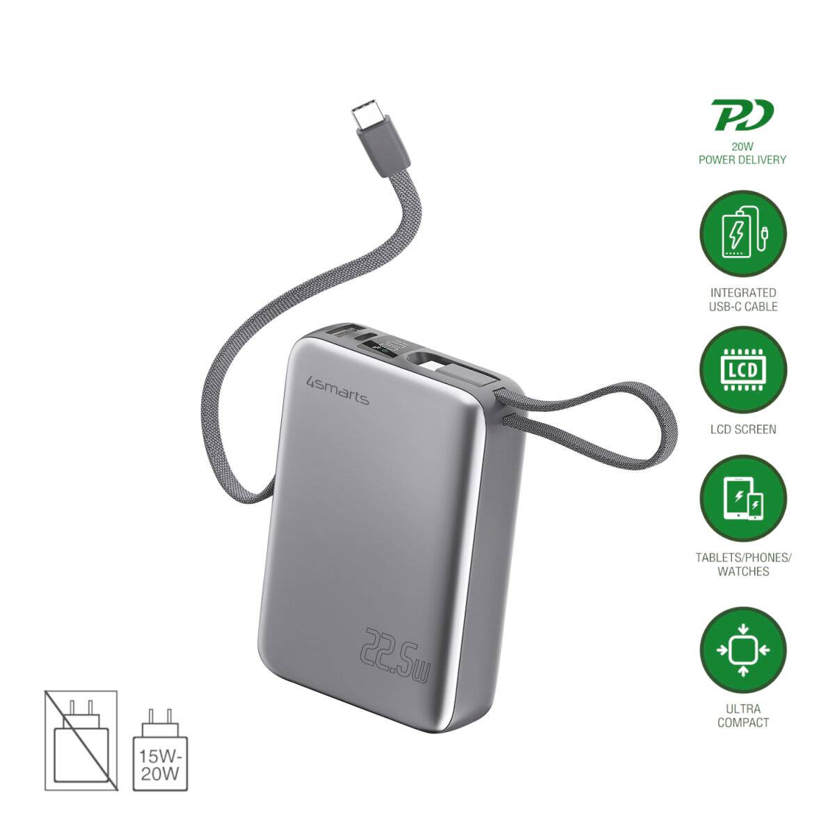 Grå 22,5W powerbank med integreret USB-C-kabel og LCD-skærm; ikoner viser Power Delivery, enhedsopladningskompatibilitet og ultrakompakt design.