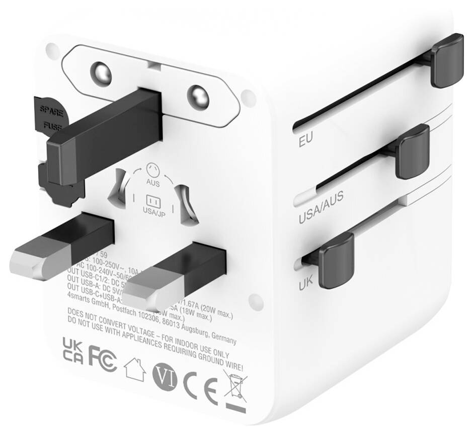 Universel rejseadapter med glidbare stik til EU-, US/AUS- og UK-stikkontakter, plus en sideknap til valg af stiktype.