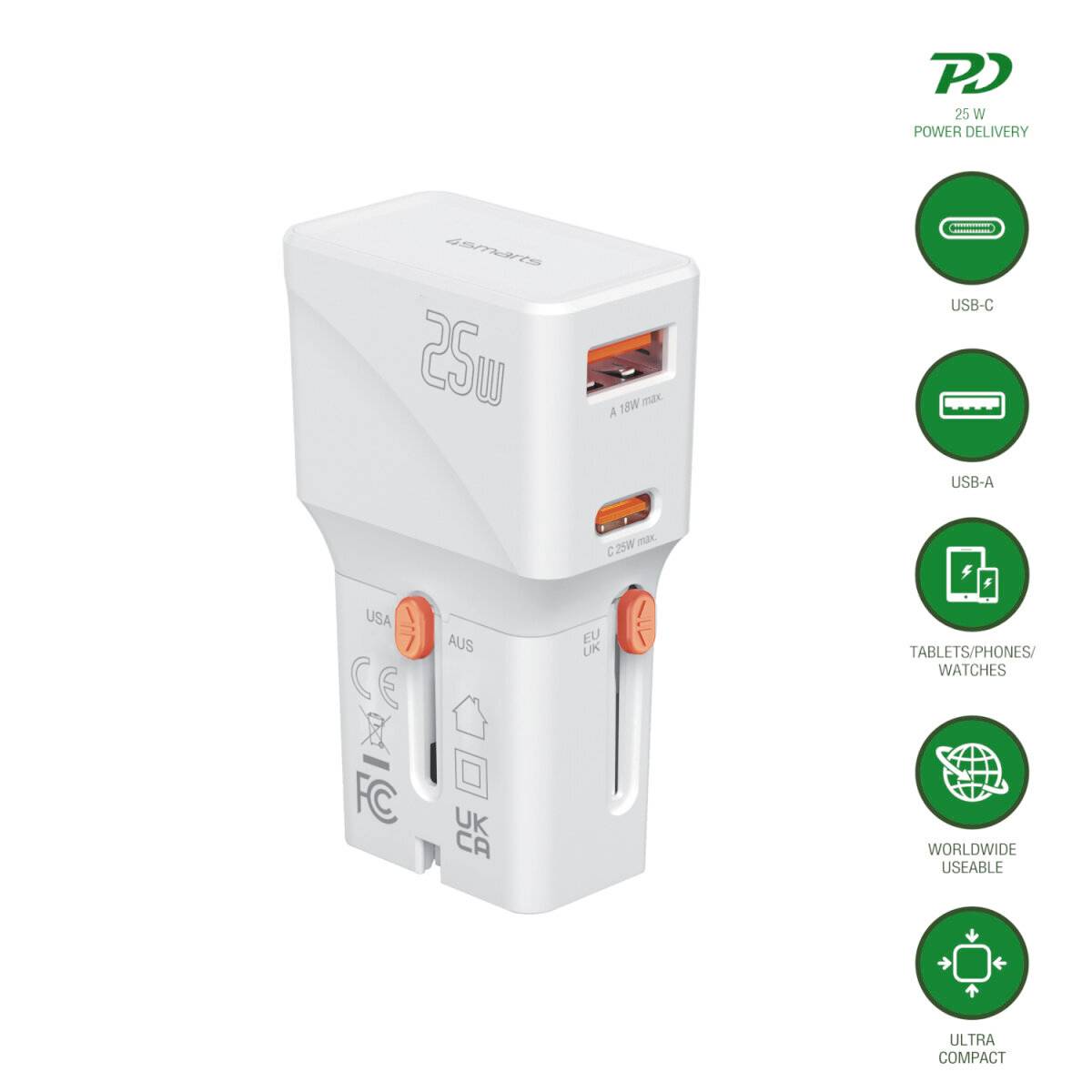 25W Power Delivery rejseadapter med USB-C og USB-A porte, verdensomspændende brug og ultrakompakt design til tablets, telefoner og smartwatches.