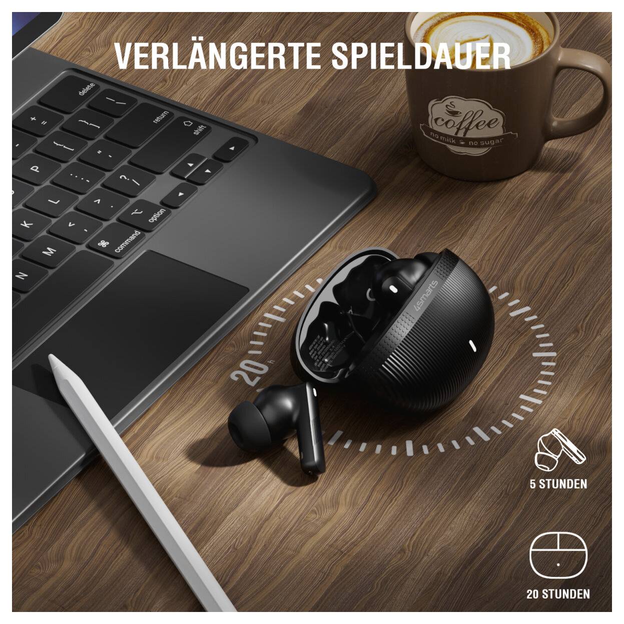 Markeringsbillede af en bærbar computer, kaffekop, stylus og ørepropper-opladningsetui med dansk tekst 'FORLÆNGET SPILLETID' og batteritype-ikonervisning 5 og 20 timer.