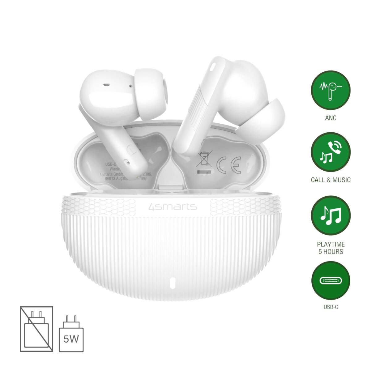 Hvide trådløse øretelefoner i et åbent opladningsetui, med ikoner der viser ANC, opkald og musik, 5 timers afspillingstid og USB-C-opladning.