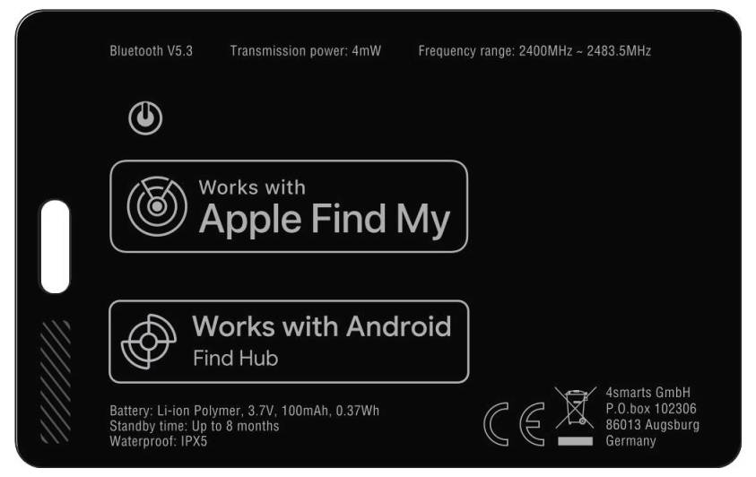 Sort elektronisk enhedsetiket med Bluetooth V5.3, 4mW strøm, 2400MHz-2483.5MHz område, "Fungerer med Apple Find My" og "Fungerer med Android Find Hub", samt batteri- og vandtæt detaljer.