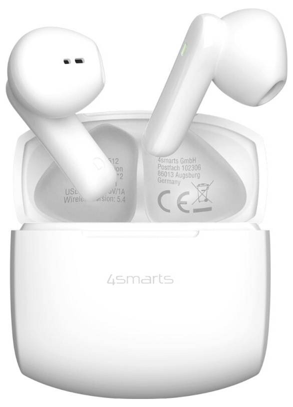 Hvide trådløse øretelefoner i et åbent opladningsetui, vist forfra med '4smarts'-logoet.