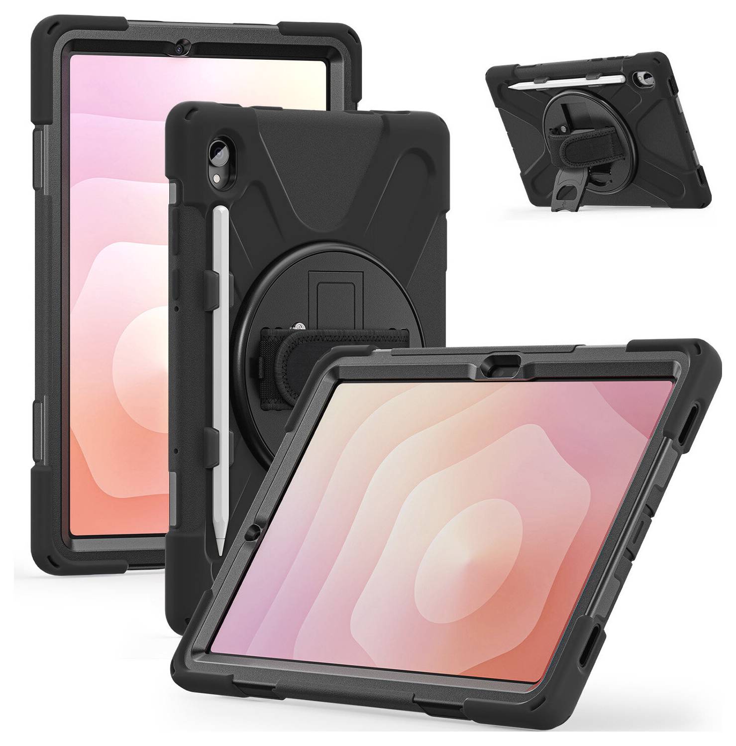 Sort robust tabletcover med integreret håndrem og stativfunktion, vist forfra, bagfra og fra siden på en tablet med pink skærm.