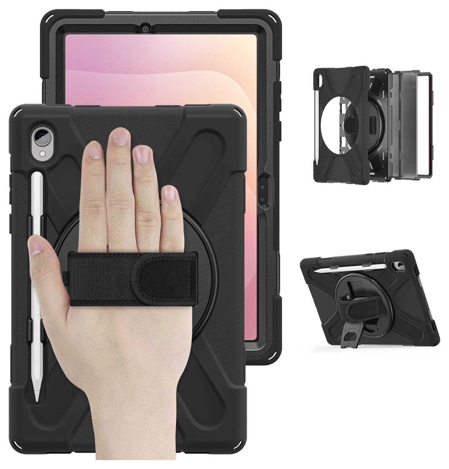 Sort robust tablet-etui med håndrem og indbygget stativ, vist med beskyttelse af tablet med for-, bag- og sidevisninger.