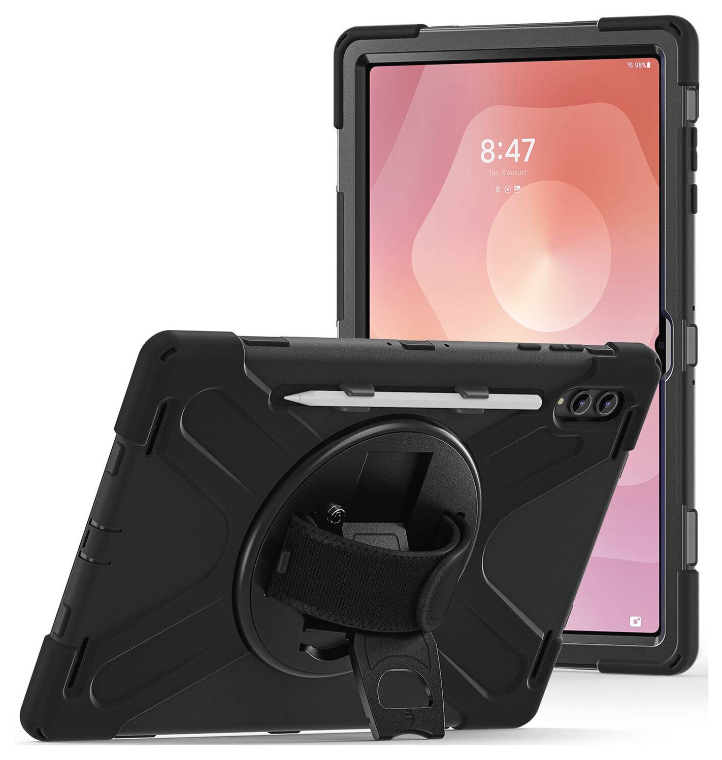 To rugged tablet cases, en forside og en bagside med en roterende håndstrop og kickstand, vist på en tablet med skærmen tændt.