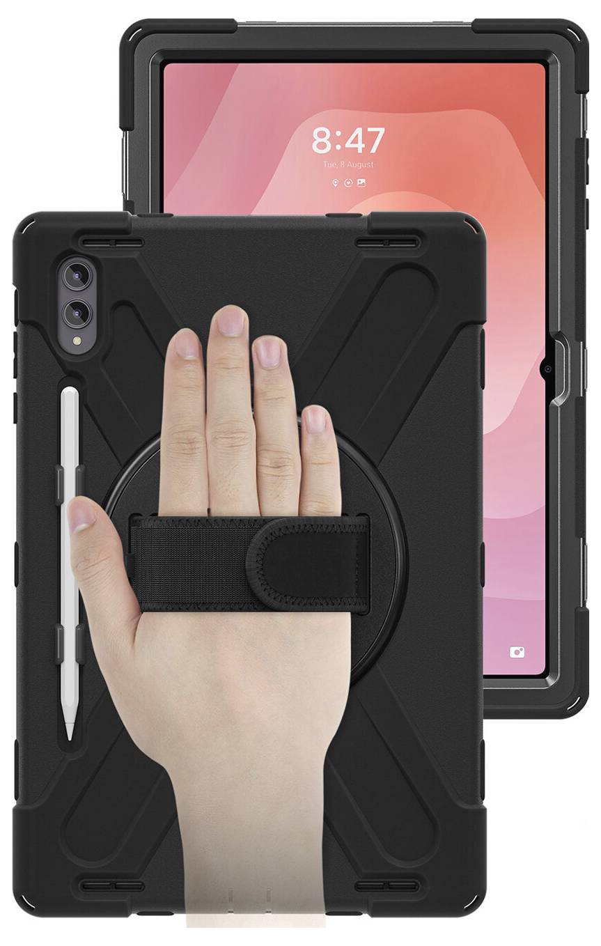 Tablet i et robust sort etui med integreret stylus-holder, front håndstrop og hånd der holder det i portræt-orientering