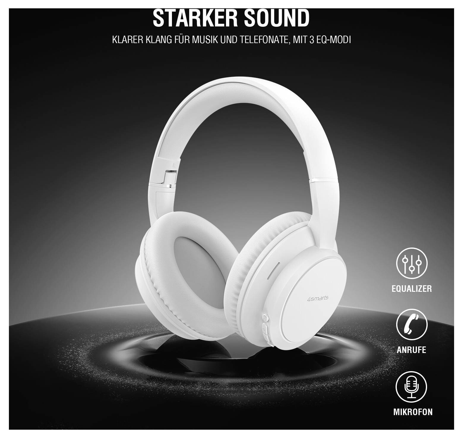 Hvide on-ear hovedtelefoner med teksten 'Starker Sound' og 'Klarer Klang für Musik und Telefonate, mit 3 EQ-Modi'; equalizer-, opkalds- og mikrofonikon viser funktioner.