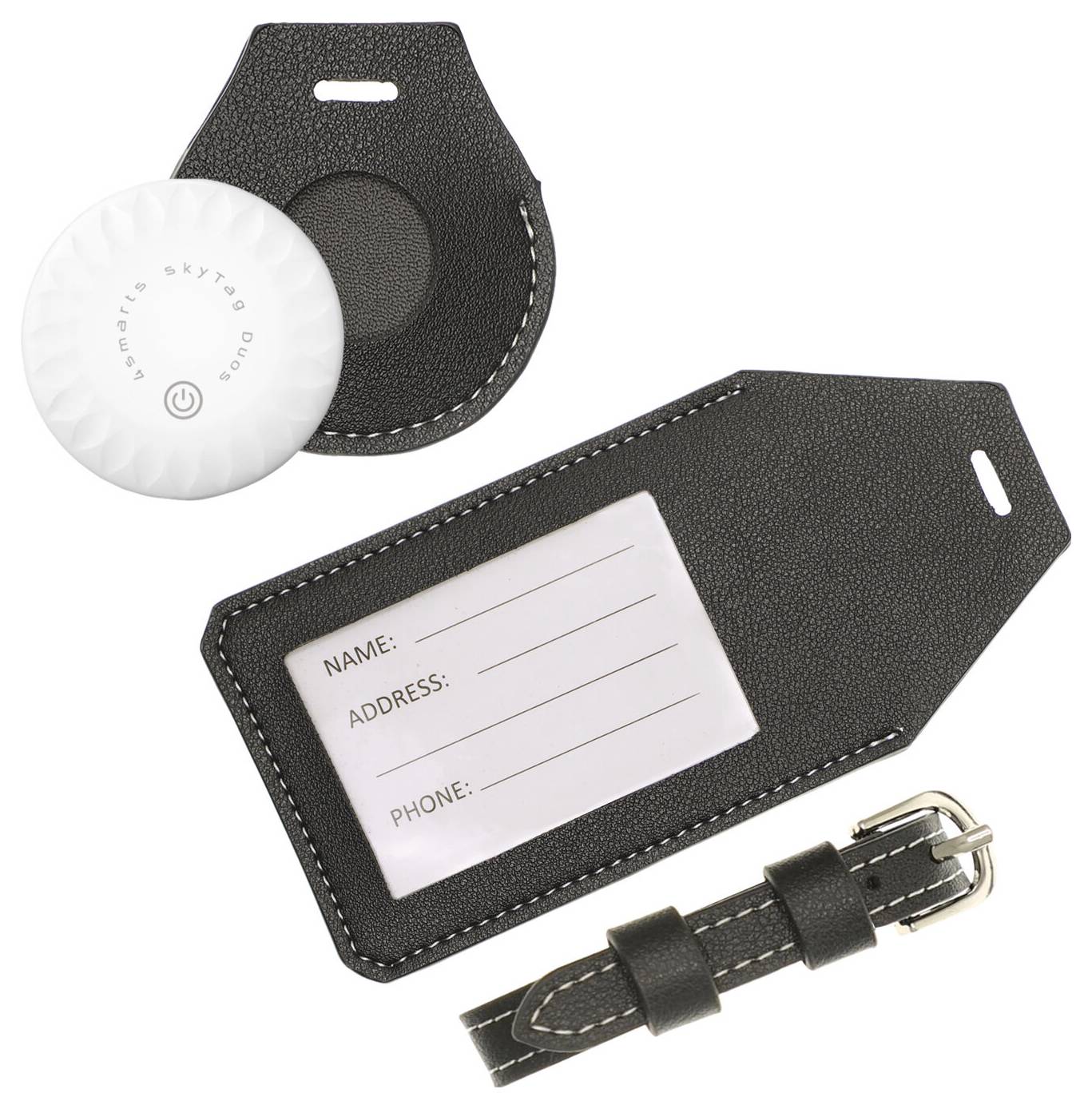 Sort læder bagagemærkesæt med en hvid rundt tracker og en rem, der viser et indsats til navn, adresse og telefon.