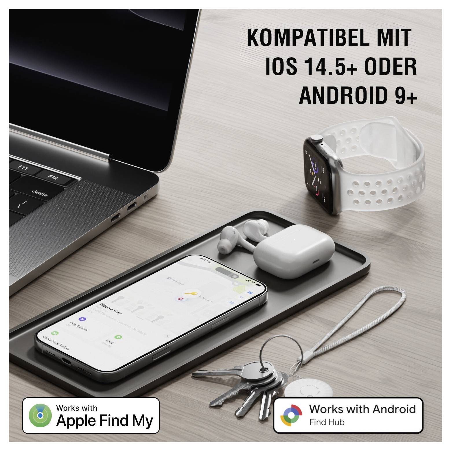 Promobillede af en telefon, smartwatch, øretelefoner og nøgler på et skrivebord, der viser kompatibilitet med iOS 14.5+ eller Android 9+ og Apple Find My/Android Find Hub.