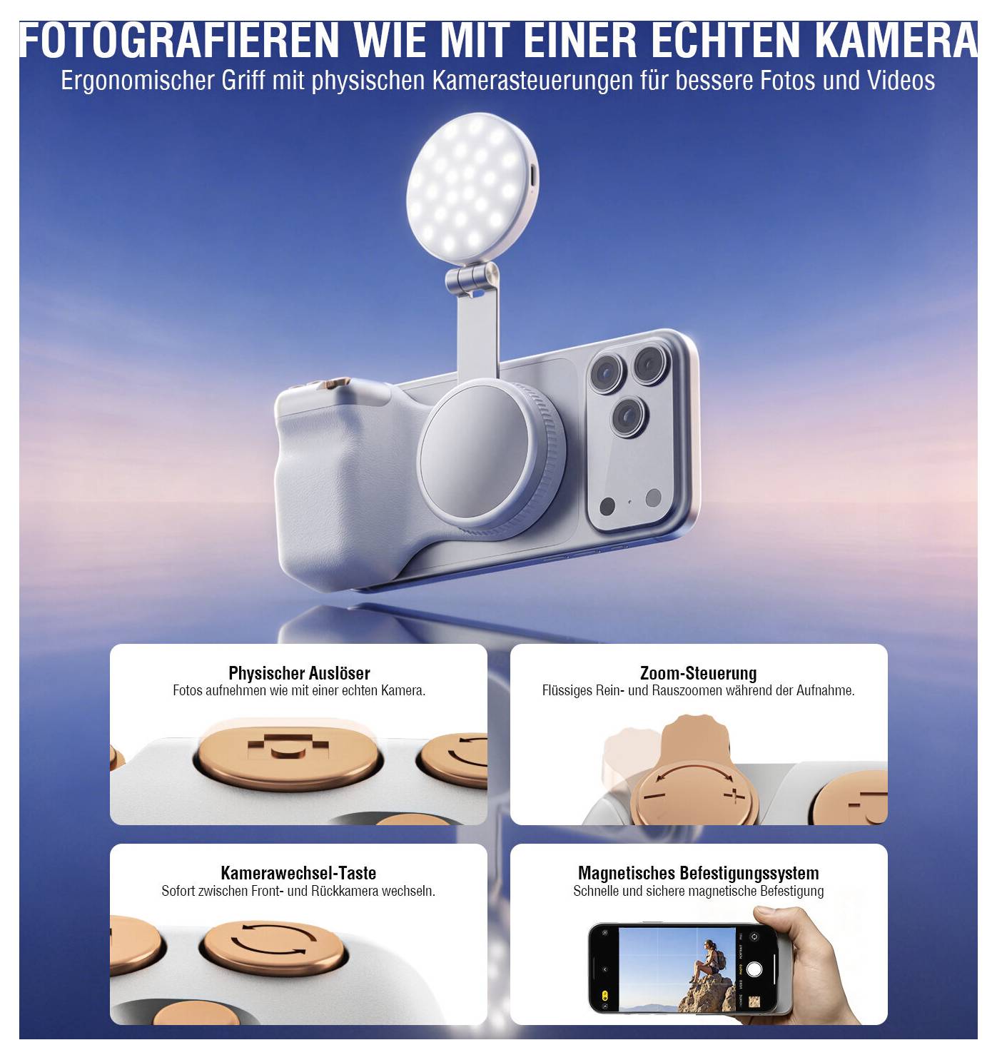 Promovgrafik af et telefonkameragreab med linse, lys og fysiske kontrolelementer, titlet 'Fotografer som med et rigtigt kamera'; fremhæver udløserknap, zoomkontrol, kameraomskifter og magnetisk montering.