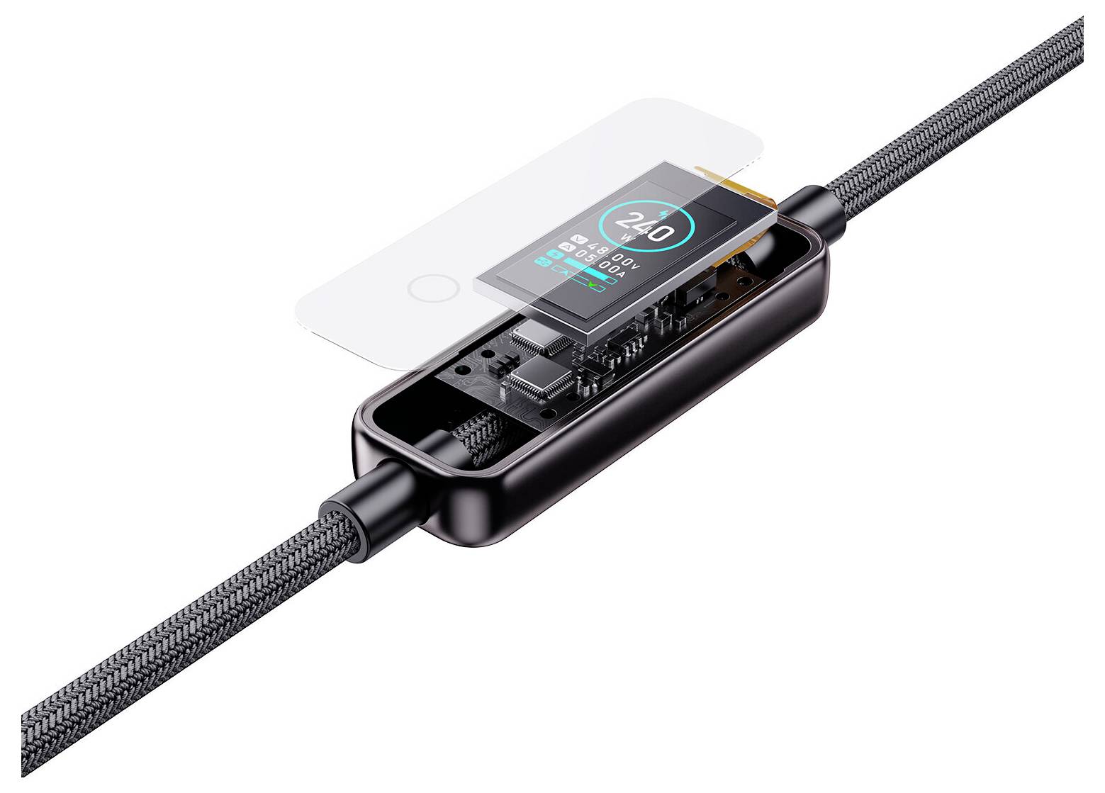 Ekspanderet visning af et flettet USB-C-kabel med et integreret digitalt displaymodul og beskyttelsesdæksel fjernet, der viser den interne elektronik.