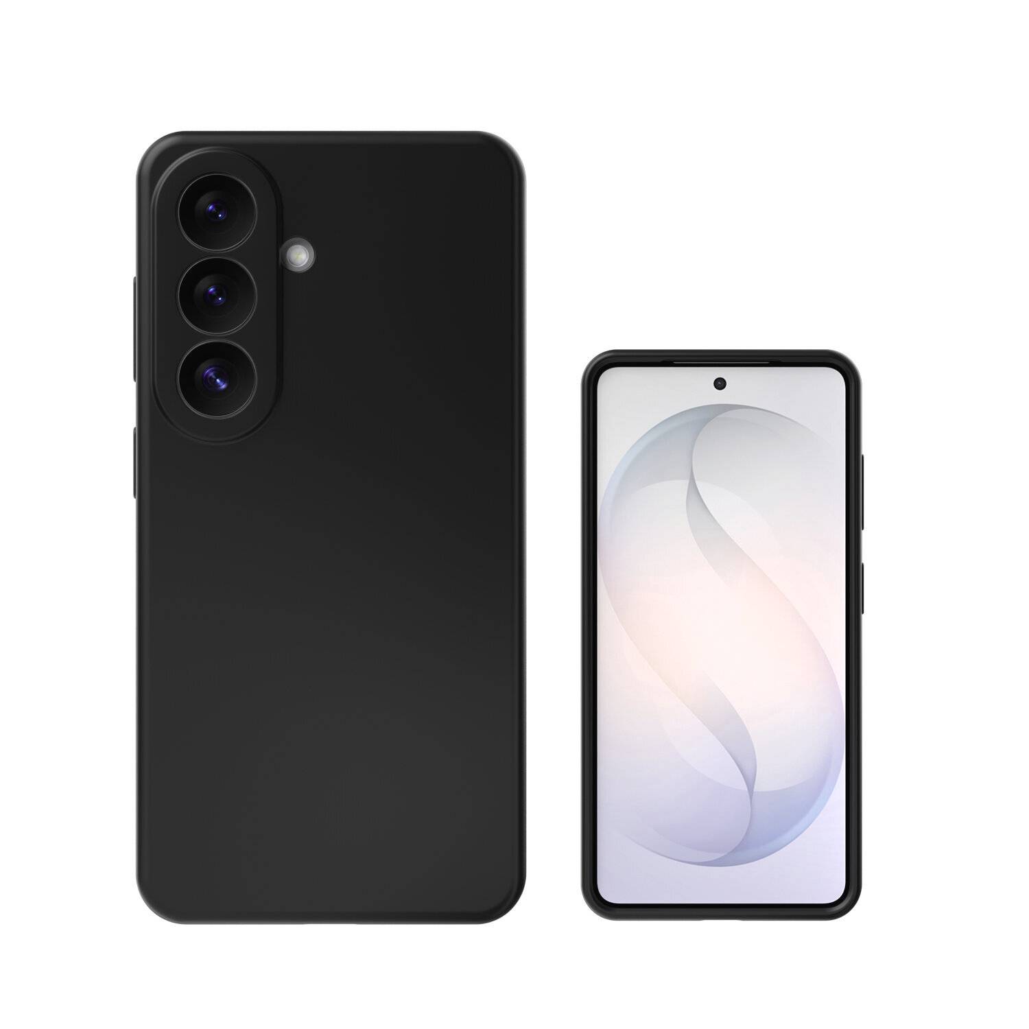 Sort smartphone vist fra for- og bagside med tredobbelt bagkamera og punch-hole display på hvid baggrund.