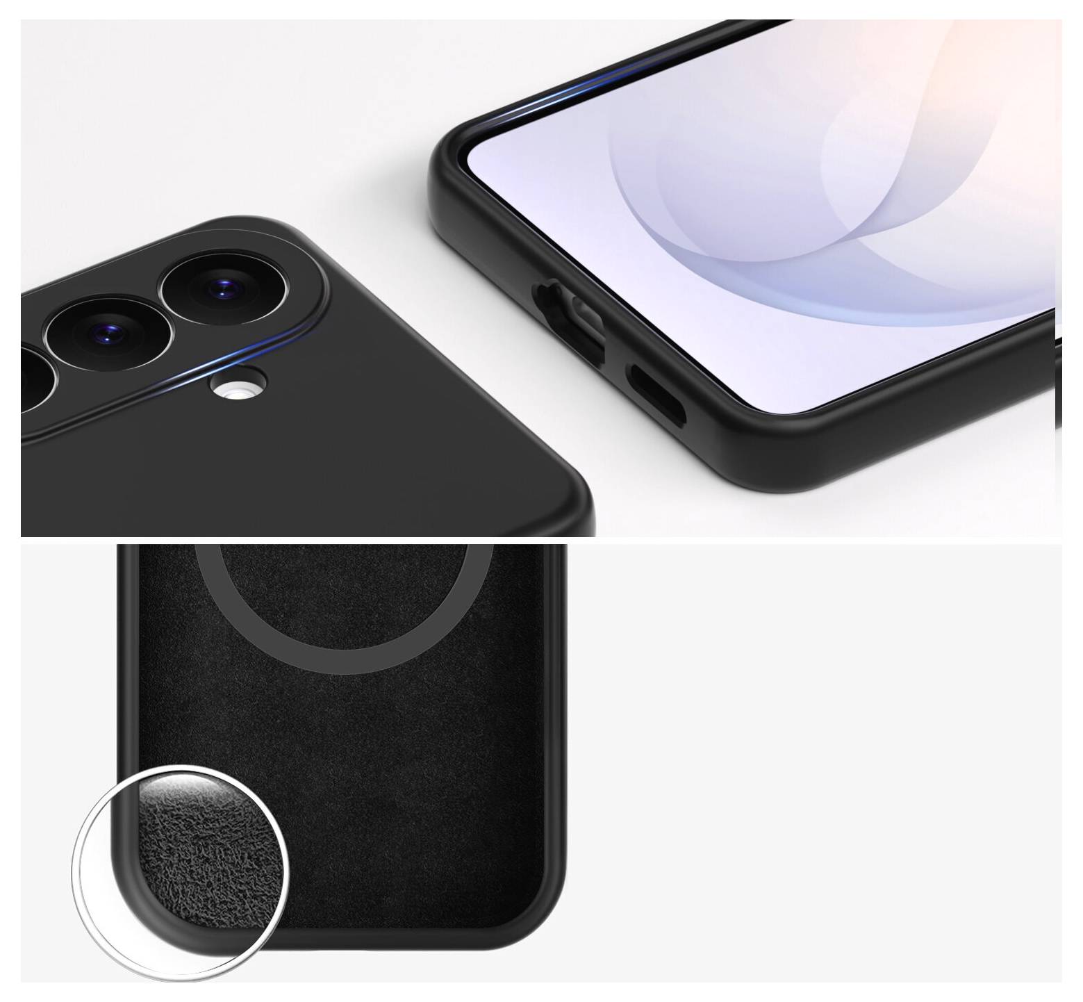 Produktnærbillede af et sort smartphonecover, der viser forhøjet dual-kamera-beskyttelse, præcise portudskæringer og et struktureret hjørne for bedre greb.
