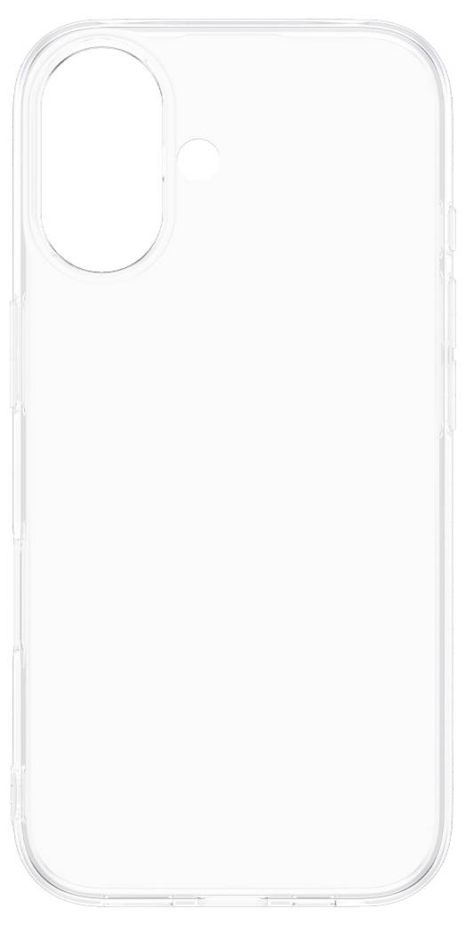 Transparent smartphone-etui med stort vertikalt kamerabillede og rundt sideknappudskæring på en plain hvid baggrund