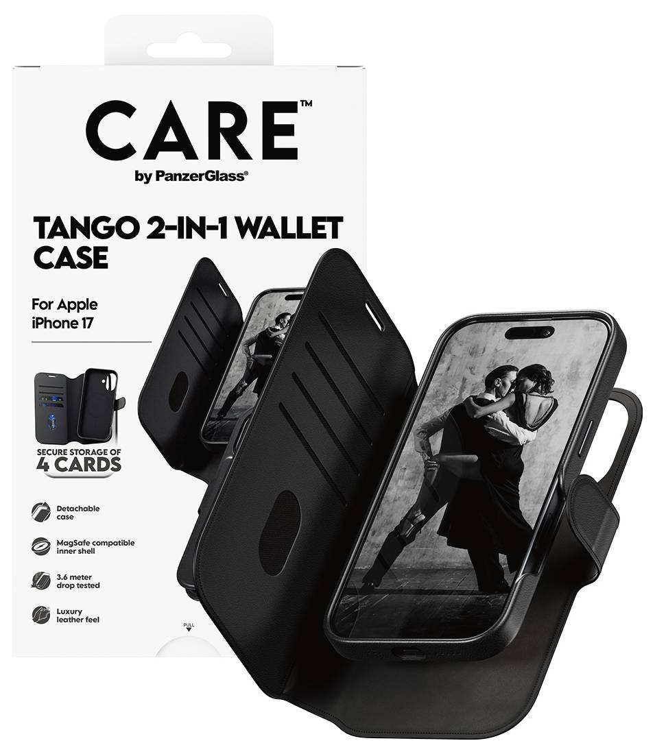 Produktemballage til CARE by PanzerGlass Tango 2-i-1 punge-case til Apple iPhone 17, der viser et sort telefoncover med aftagelig pung, som kan opbevare 4 kort.
