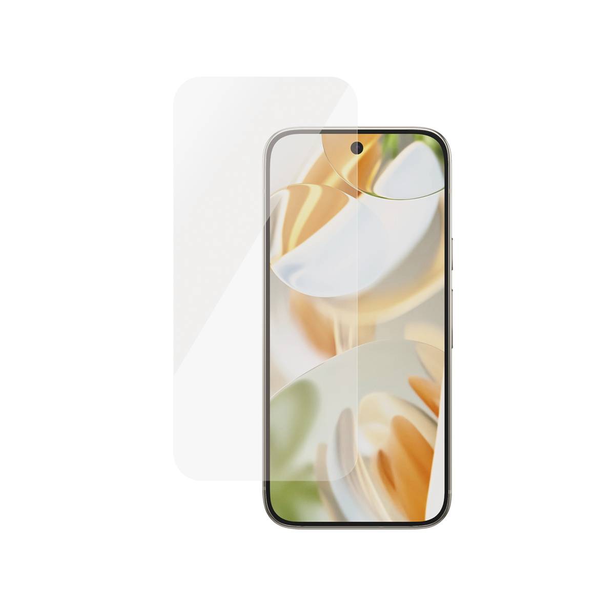 Smartphone med en transparent skærmbeskytter eller kabinet-overlay vist foran telefonen på hvid baggrund.