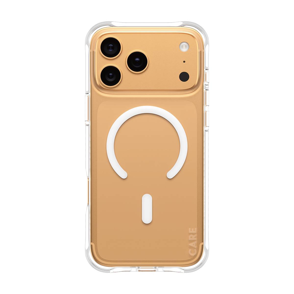 Orange smartphone i etui af klar beskyttelse med MagSafe-ring og stort kamerasnit.