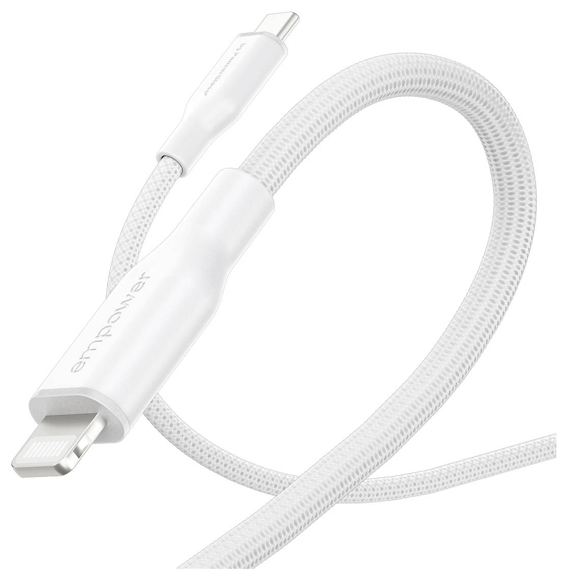 Hvidt flettet opladningskabel med USB-C-stik og Apple Lightning-lignende stik, vist på en enkel baggrund.