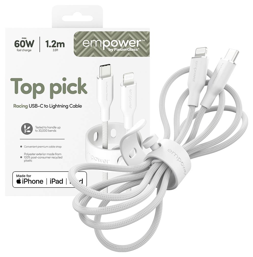 Emballering og produktbillede af et 'empower' 1,2m USB-C til Lightning-kabel, 60W hurtigopladning, med rullet hvidt kabel og kompatibilitet med Apple-enheder vist.
