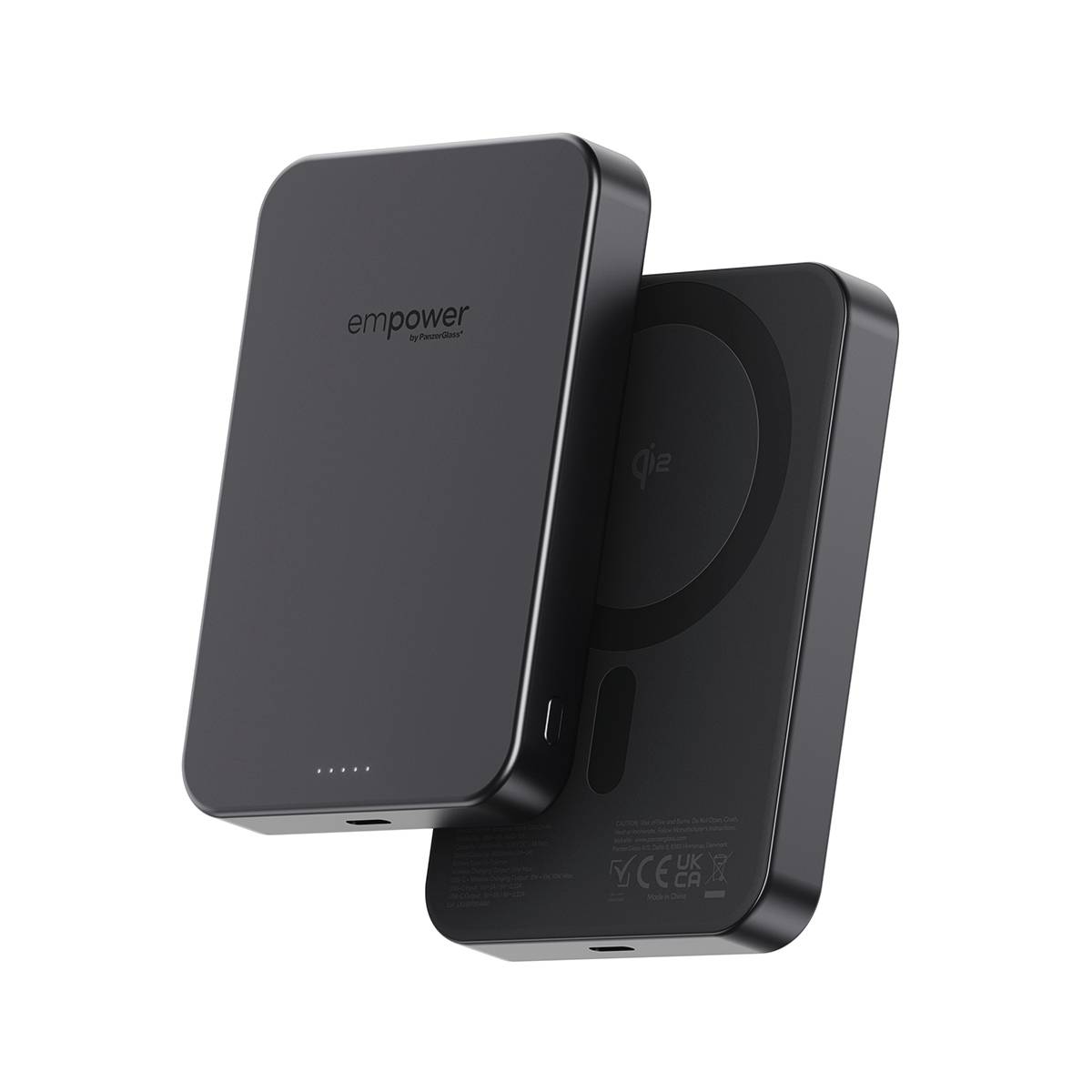 To sorte trådløse opladnings powerbanks mærket "empower" vist overlappende på hvid baggrund.