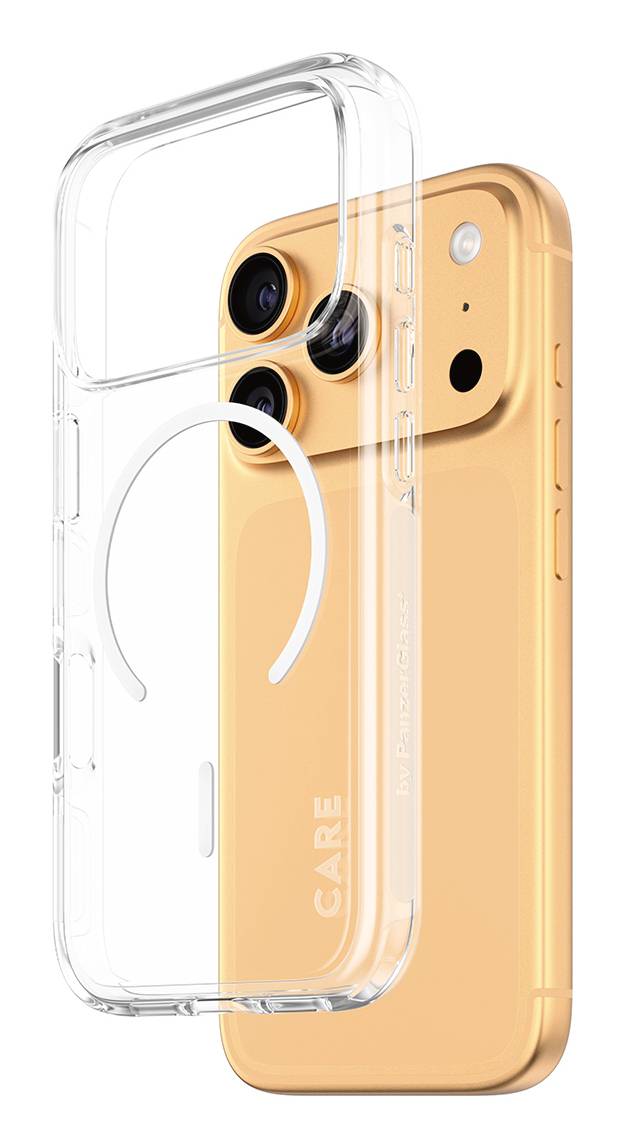 Klare og orange smartphoneetuis vist stablet, med det orange etui med MagSafe-lignende cirkulær opladningsring og kamerauitskæringer.