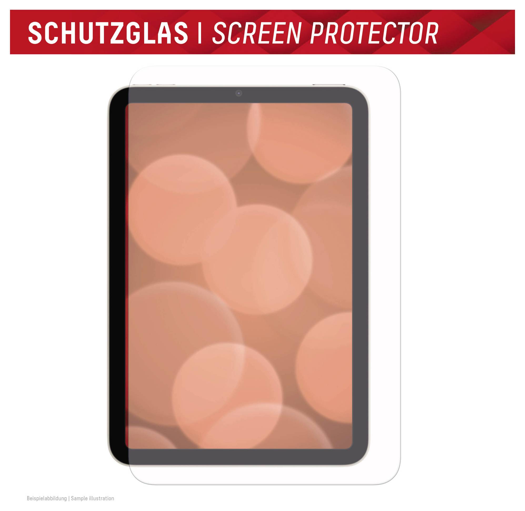 Produktbillede af en skærmbeskytter til tablet, mærket 'SCHUTZGLAS | SCREEN PROTECTOR', der viser en klar beskytter over en tablet-display.
