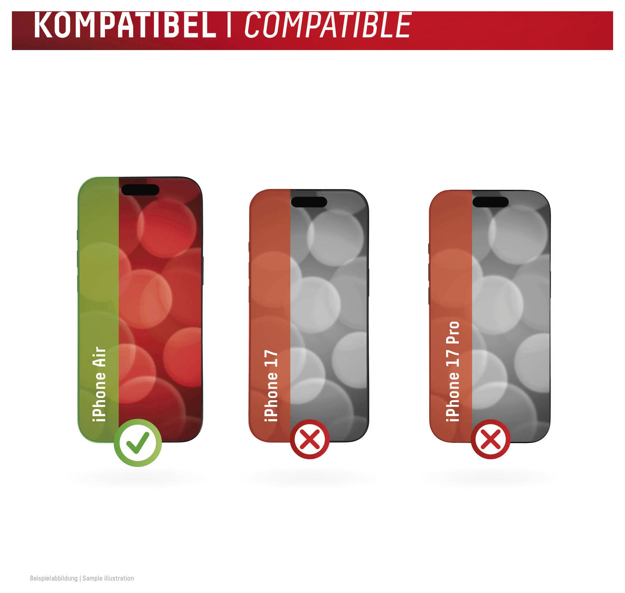Kompatibilitetsgrafik, der viser iPhone Air som kompatibel med et grønt flueben, og iPhone 17 og iPhone 17 Pro som inkompatible med røde X-ikoner