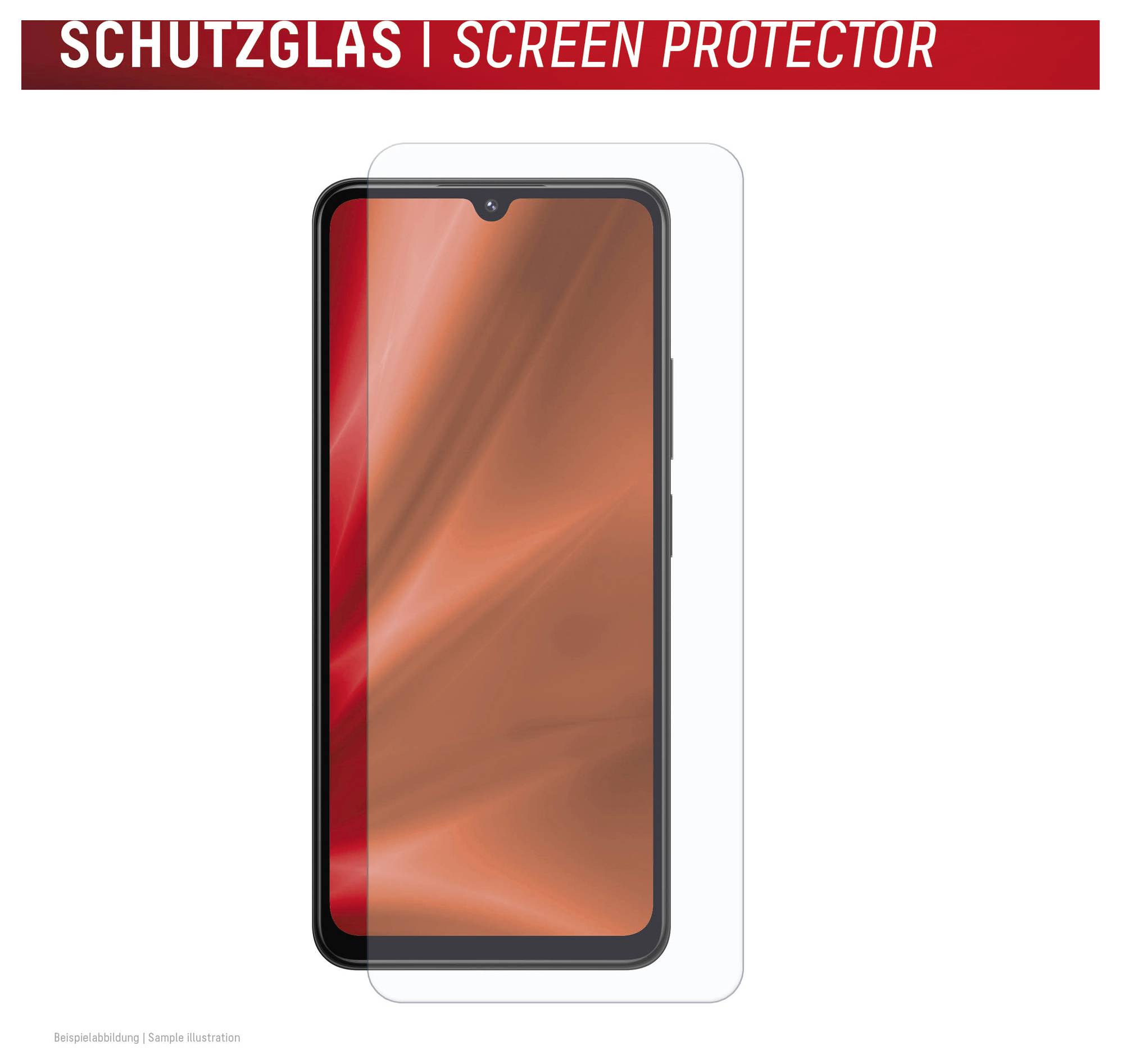 Smartphone-skærmbeskytter vist over en telefon, mærket 'SCHUTZGLAS | SCREEN PROTECTOR' øverst.