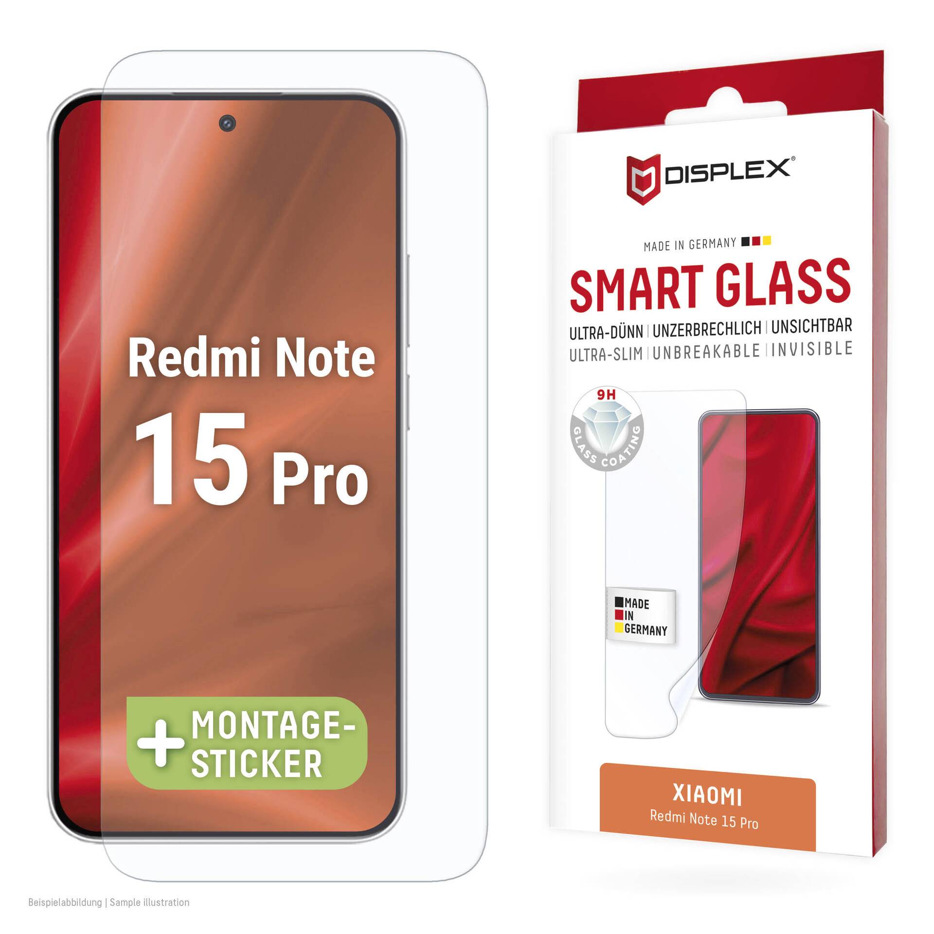 Skærmbeskytter til Redmi Note 15 Pro, vist med telefonen og DISPLEX Smart Glass emballage mærket 'Made in Germany' og '9H'.
