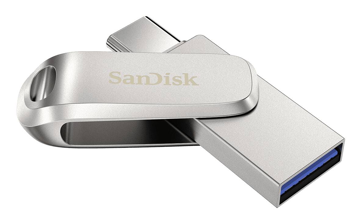Sølvfarvet SanDisk USB-flashdrive med drejelig låg, vist på hvid baggrund.