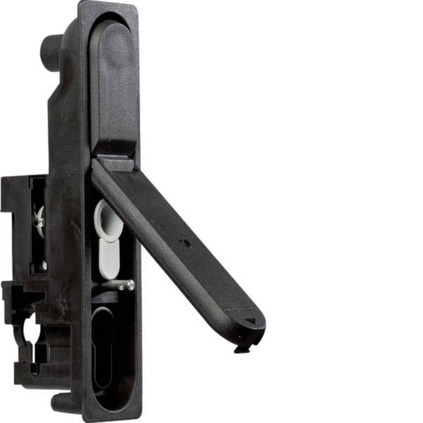 Sort plastichardware-låsemekanisme/håndtag med hængslet håndtag, vist isoleret på hvid baggrund.