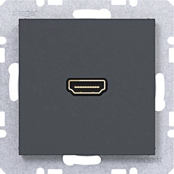 Væghængt sort HDMI-stik på en metalforsats til tilslutning af videoenheder.