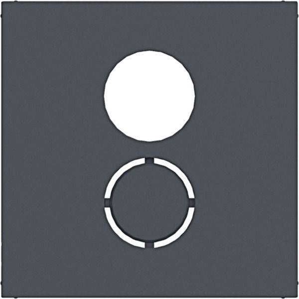 Mørkegrå kvadratisk panel med en solid hvid cirkel over en segmenteret hvid ring, der ligner et simpelt ikon eller symbol.