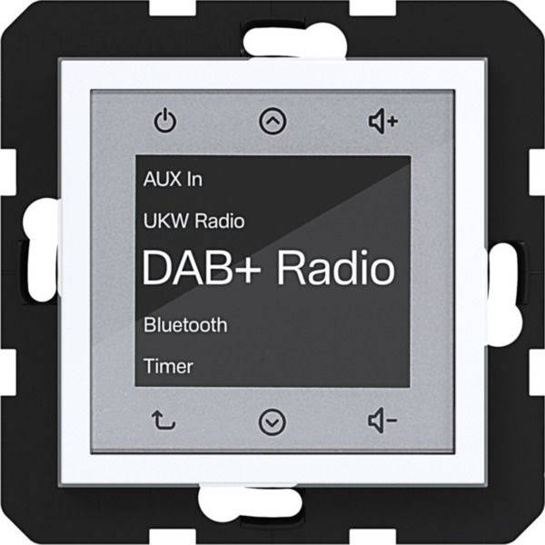 Vægmonteret digital radioafspiller med DAB+ radio der viser muligheder for AUX-indgang, UKW-radio, Bluetooth og timer.