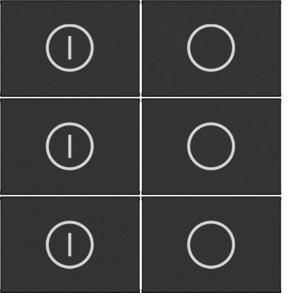 Seks mørke kontakt-fliser i et 3x2 gitter, hver med et cirkulært strømsymbol; venstre kolonne viser til-ikoner, højre kolonne viser fra-ikoner.