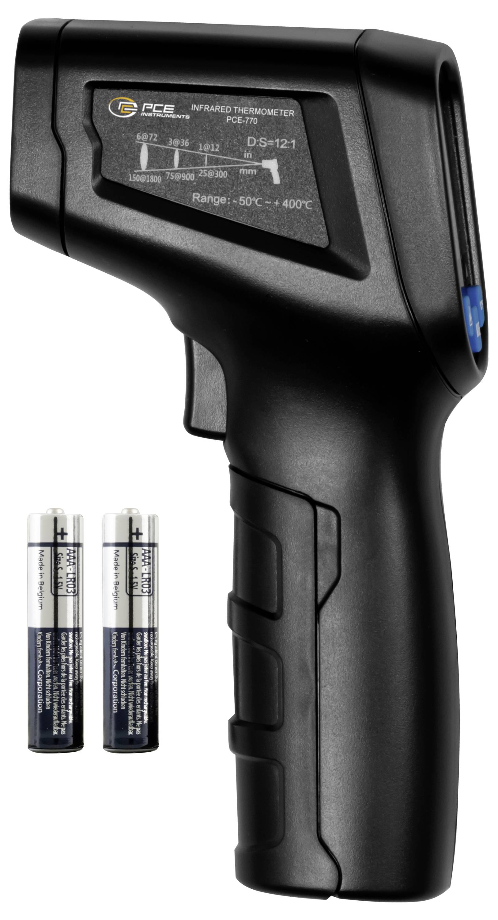 Sort infrarød termometerpistol med to AAA-batterier vist nedenfor, mærket til temperaturområde fra -50°C til +400°C.