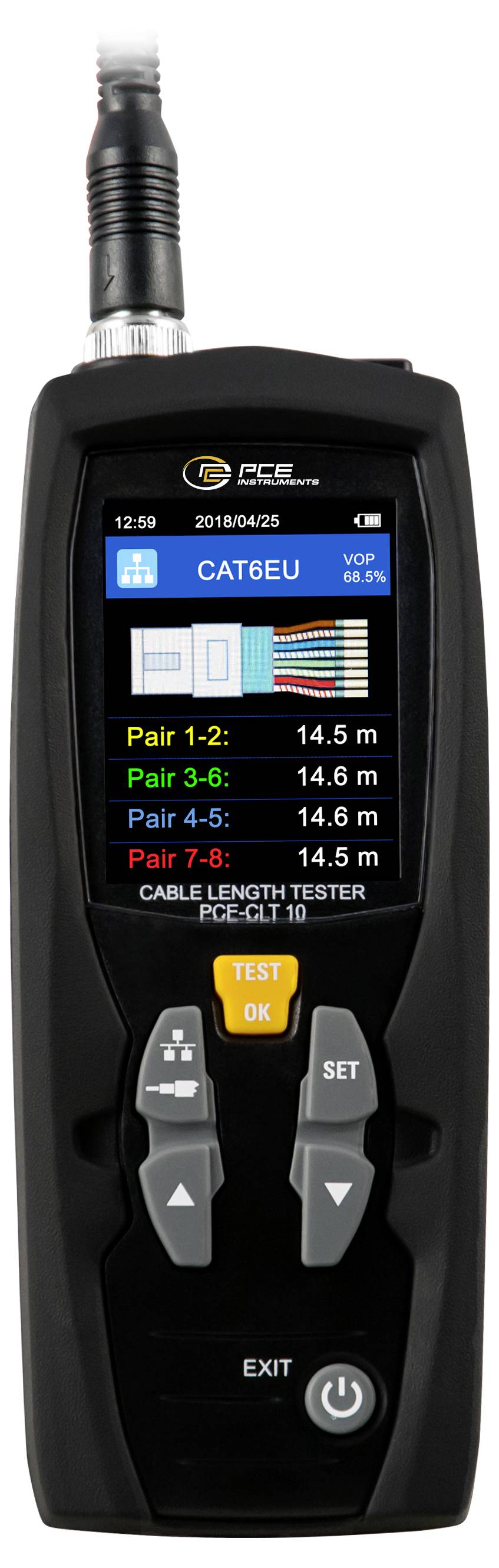 Håndholdt kabellængdetester, der viser CAT6EUT med længder for par 1-2, 3-6, 4-5 og 7-8 omkring 14,5-14,6 m, og en TEST OK-knap.