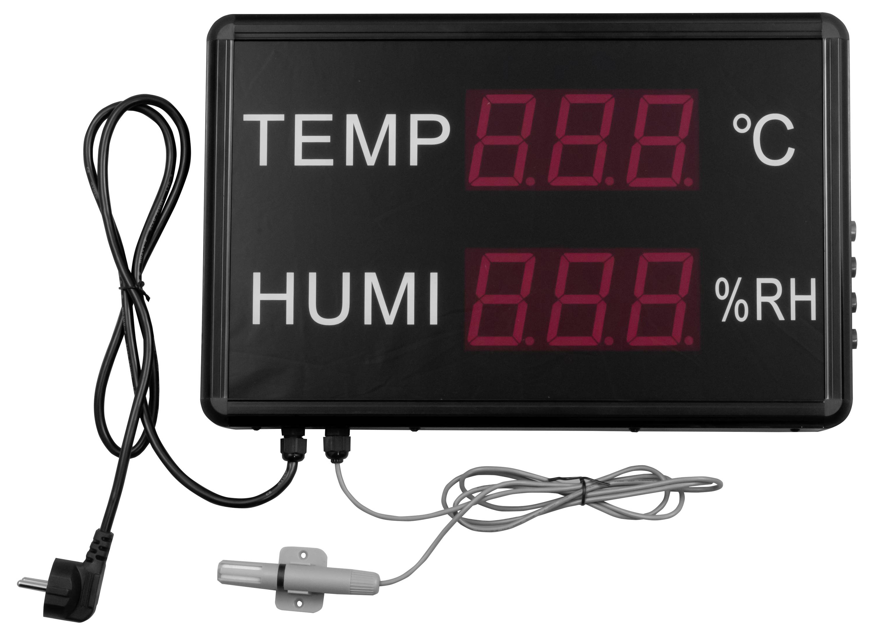 Digitalt temperatur- og fugtighedsmåleinstrument med sondesensorer, viser 'TEMP' i °C og 'HUMI' i %RH